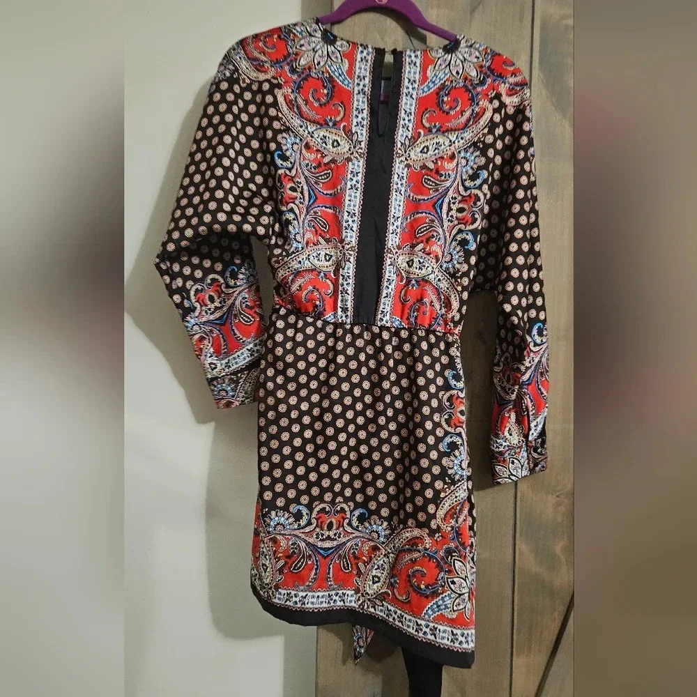Zara Paisley Print Faux Wrap Mini Dress XS Boho Long Sleeve NWOT